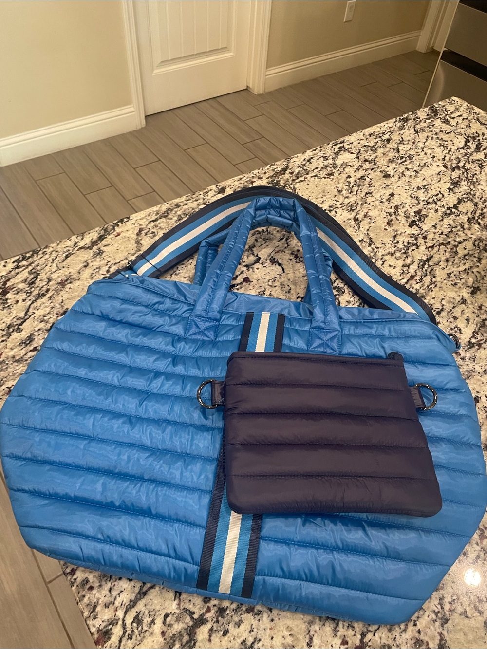 THINK ROYLN Light Blue Quilted Travel Tote with Navy Pouch